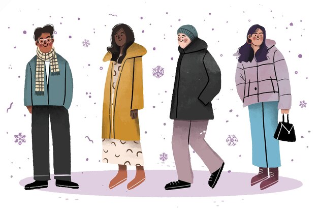Colección gente de invierno dibujada a mano