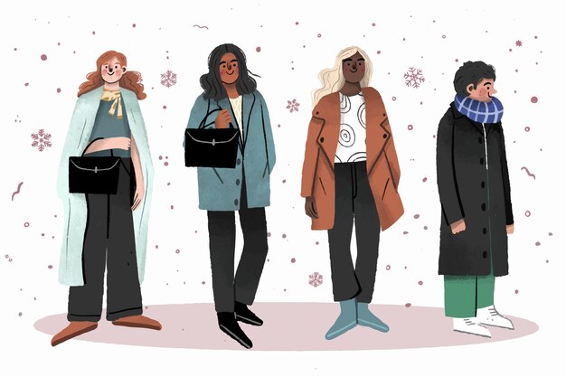 Colección gente de invierno dibujada a mano