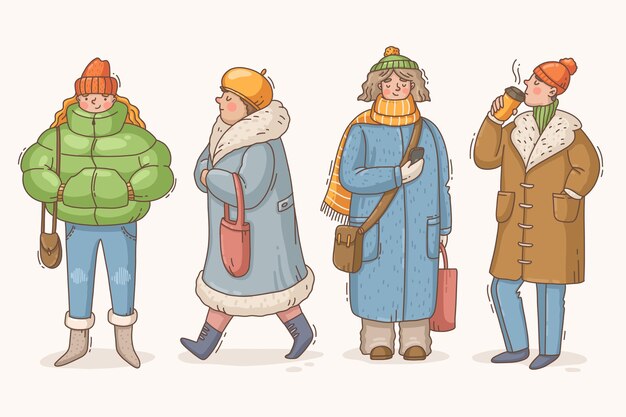 Colección gente de invierno dibujada a mano