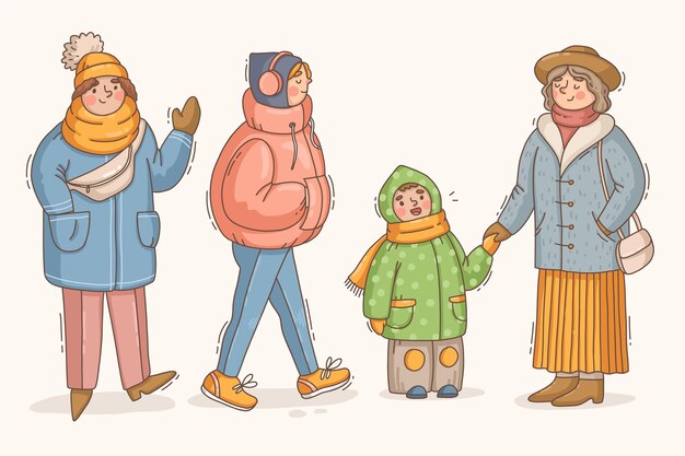 Colección gente de invierno dibujada a mano