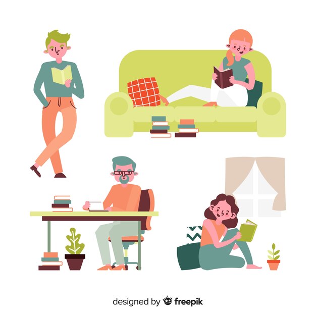 Colección de gente joven leyendo