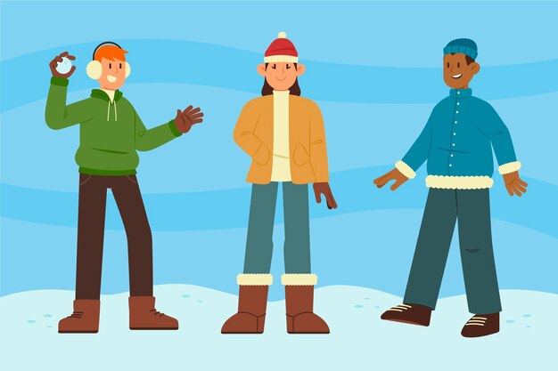 Colección gente plana invierno dibujada a mano
