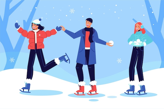 Colección gente plana invierno dibujada a mano
