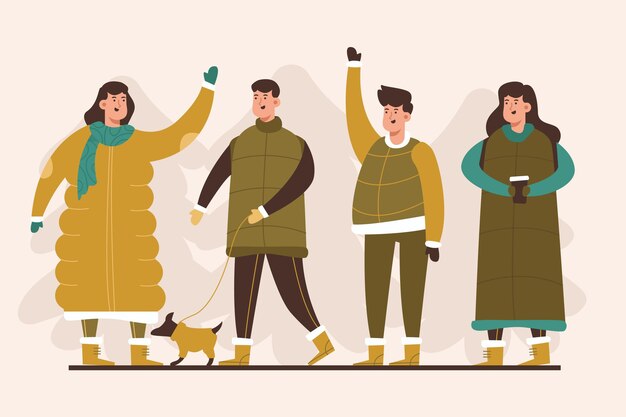 Colección gente plana invierno dibujada a mano