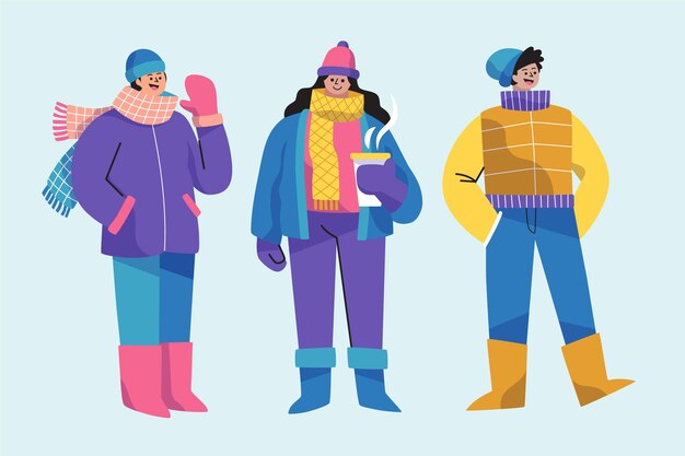 Colección gente plana invierno dibujada a mano