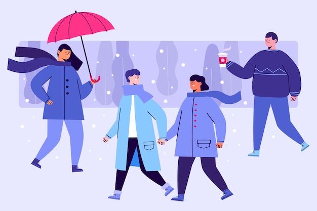 Colección gente plana invierno dibujada a mano