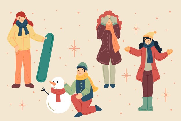 Colección gente plana invierno dibujada a mano