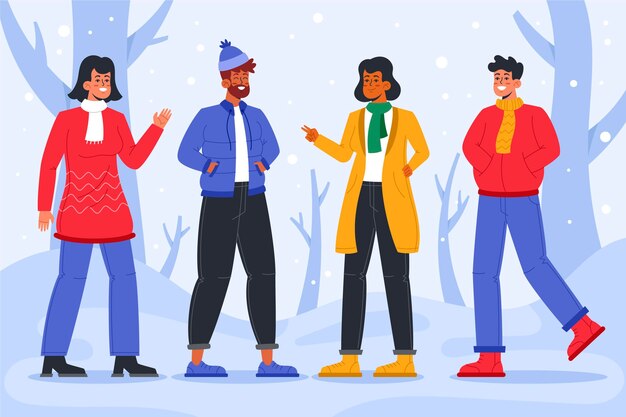 Colección gente plana invierno dibujada a mano