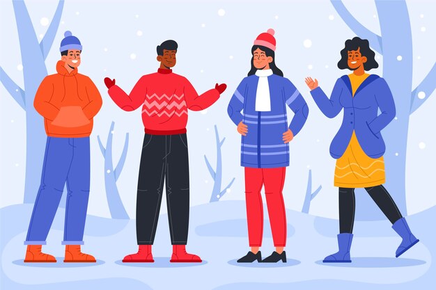 Colección gente plana invierno dibujada a mano