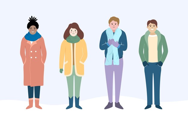 Colección gente plana invierno dibujada a mano