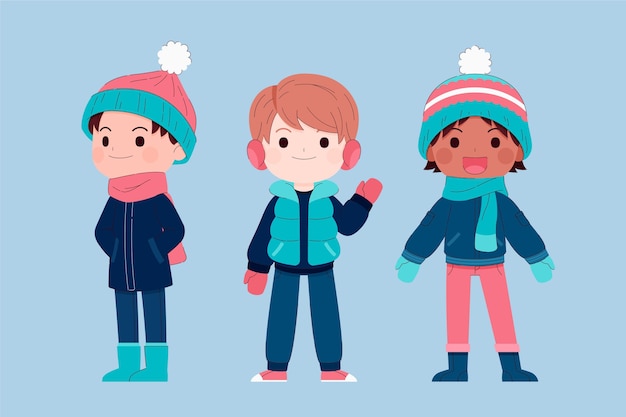 Colección gente plana invierno dibujada a mano