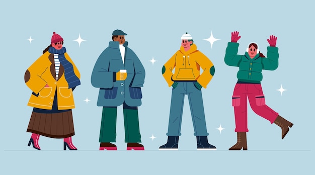 Colección gente plana invierno dibujada a mano