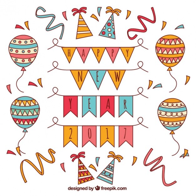 Colección de globos y elementos de fiesta de año nuevo dibujados a mano