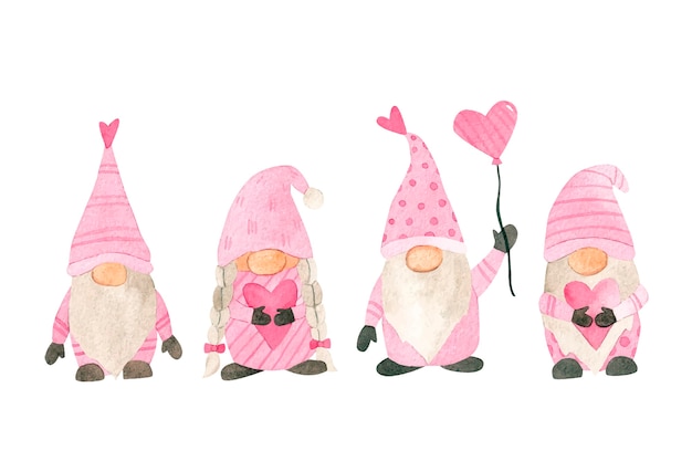 Colección de gnomos del día de san valentín en acuarela