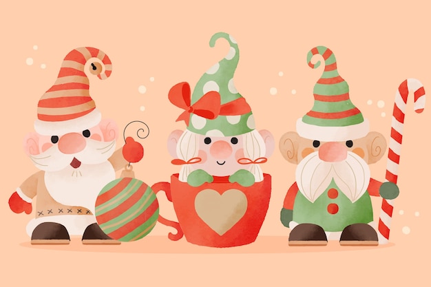 Colección de gnomos navideños en acuarela