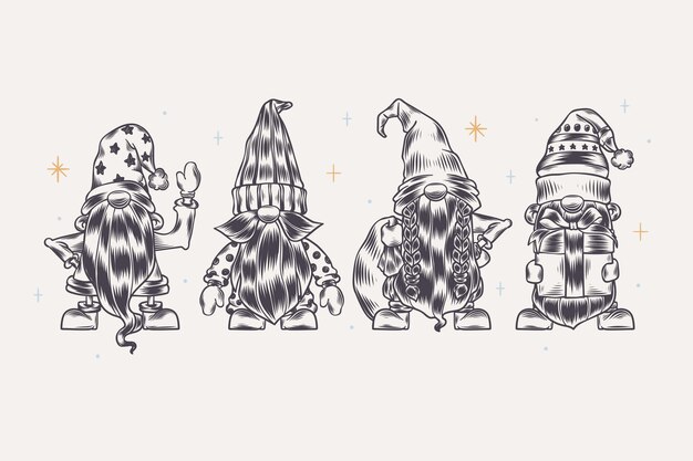 Colección gnomos navideños dibujados a mano