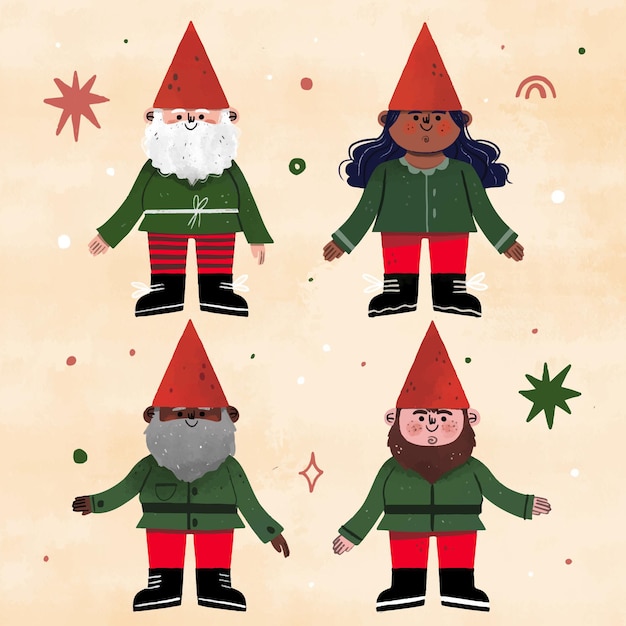 Colección gnomos navideños dibujados a mano