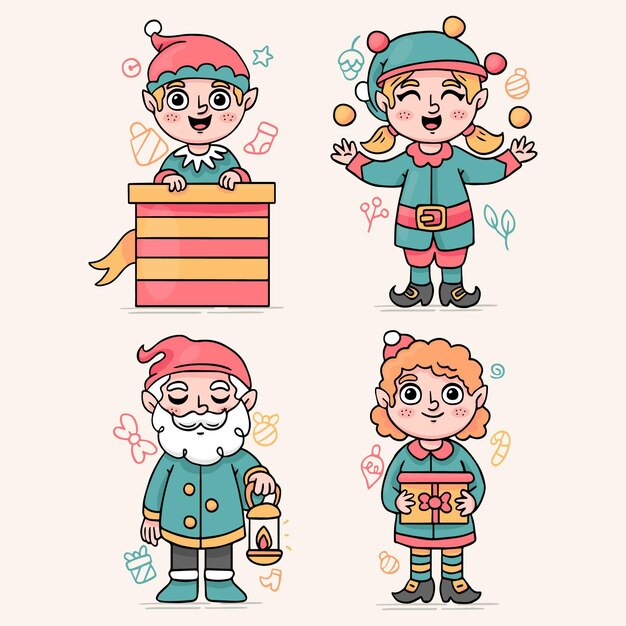 Colección gnomos navideños dibujados a mano