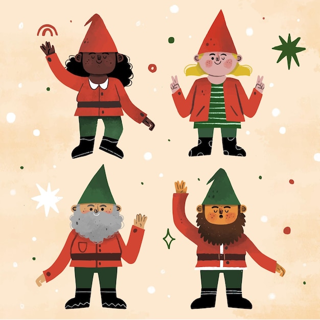 Colección gnomos navideños dibujados a mano