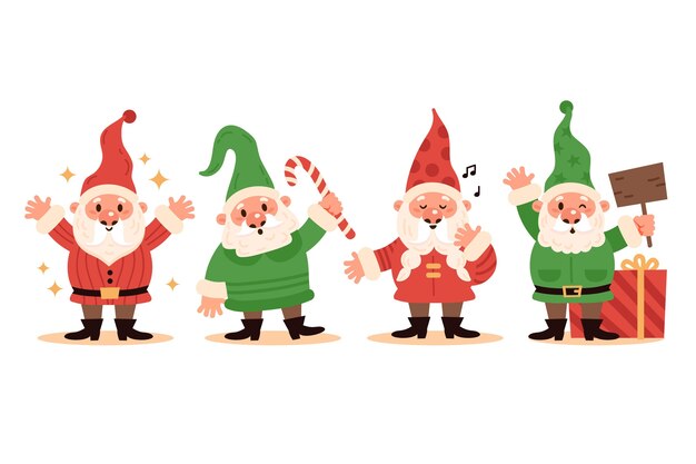 Colección gnomos navideños planos dibujados a mano