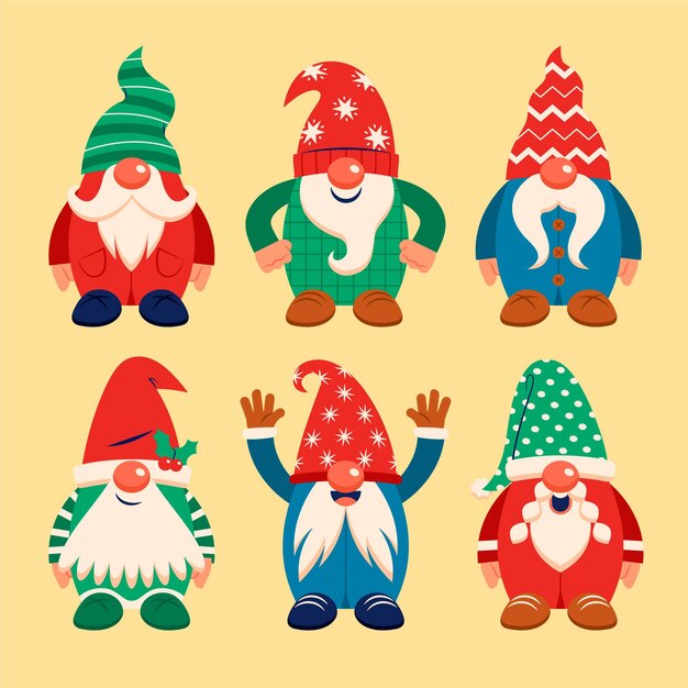 Colección gnomos navideños planos dibujados a mano