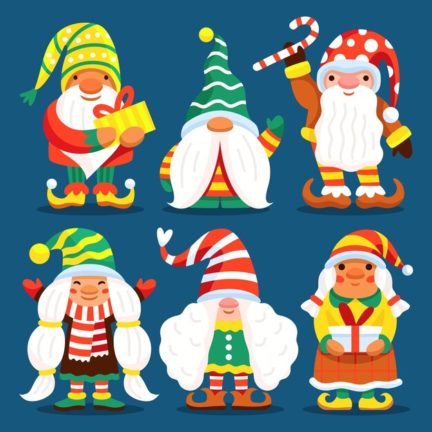 Colección gnomos navideños planos dibujados a mano