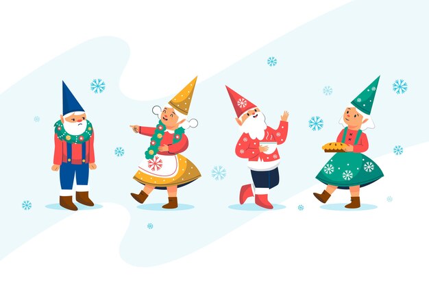 Colección gnomos navideños planos dibujados a mano