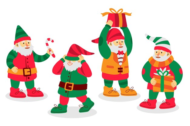 Colección gnomos navideños planos dibujados a mano
