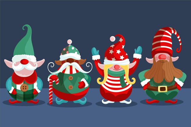 Colección gnomos navideños planos dibujados a mano