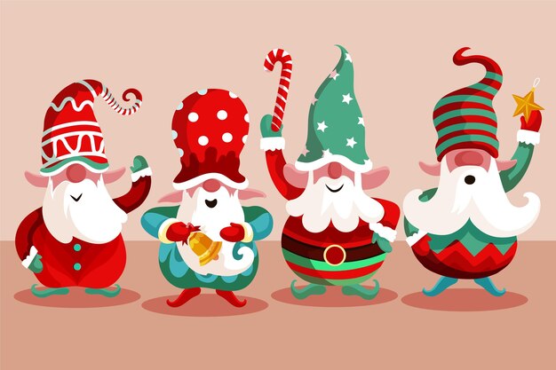 Colección gnomos navideños planos dibujados a mano