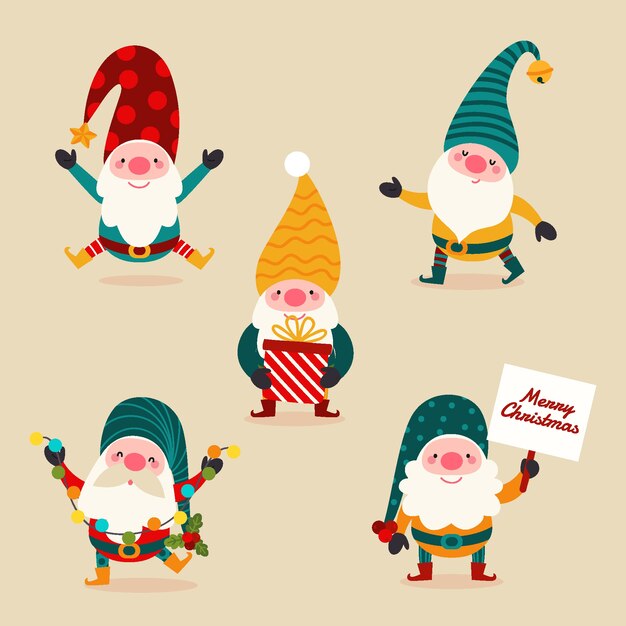 Colección gnomos navideños planos dibujados a mano