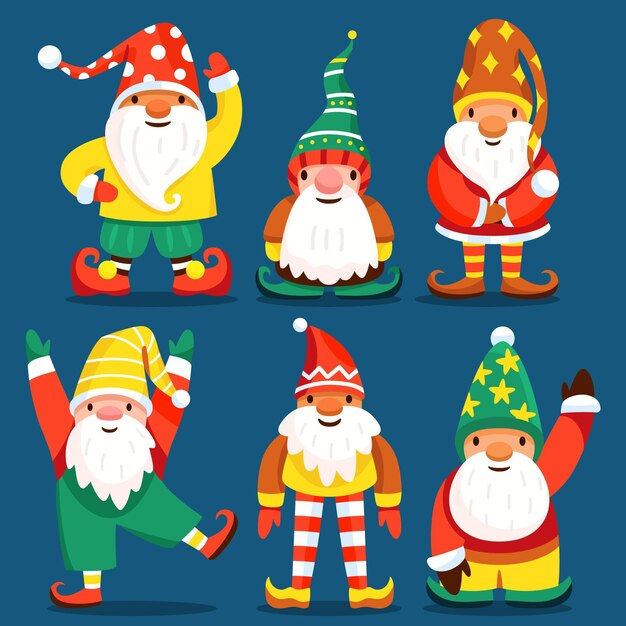 Colección gnomos navideños planos dibujados a mano