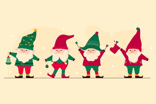 Colección gnomos navideños planos dibujados a mano