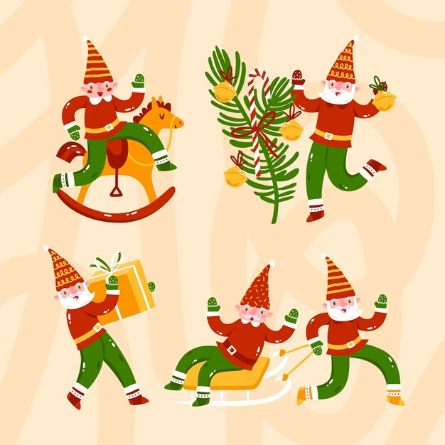 Colección gnomos navideños planos dibujados a mano