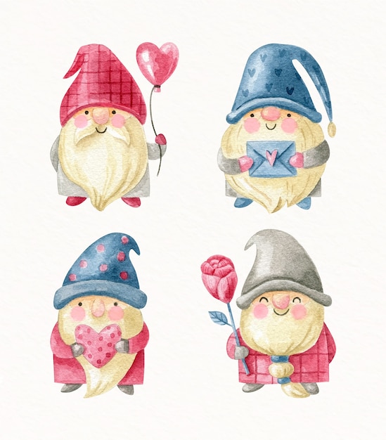 Vector gratuito colección de gnomos de san valentín en acuarela