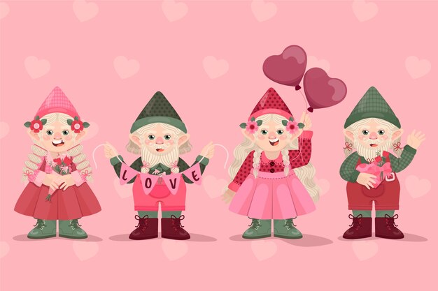 Colección de gnomos de san valentín en acuarela