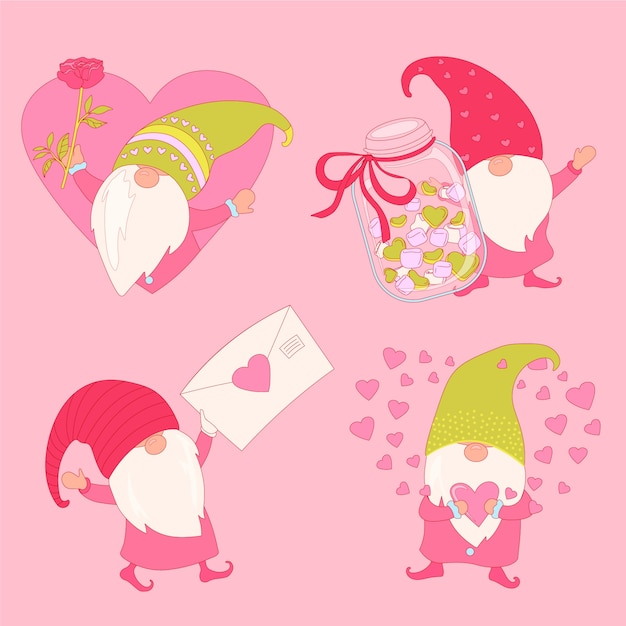 Vector gratuito colección de gnomos de san valentín dibujados a mano