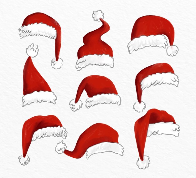 Colección de gorros de santa en acuarela