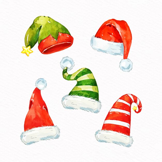 Colección de gorros de santa claus en acuarela
