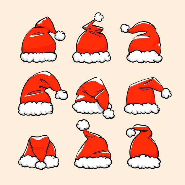 Colección de gorros de santa claus dibujados a mano