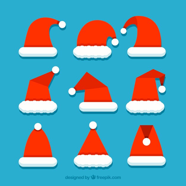 Colección de gorros de santa claus en diseño plano 