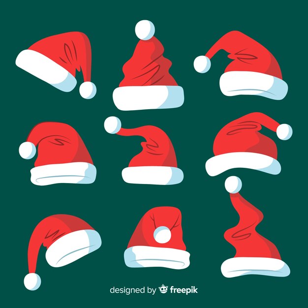 Colección de gorros de santa claus en diseño plano