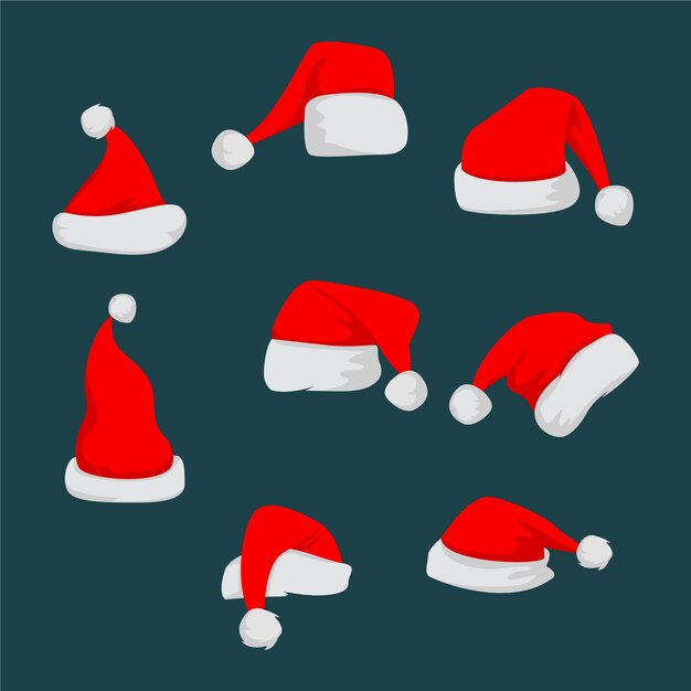 Colección de gorros de  santa claus en diseño plano