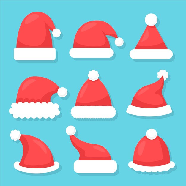 Colección de gorros de santa claus en diseño plano