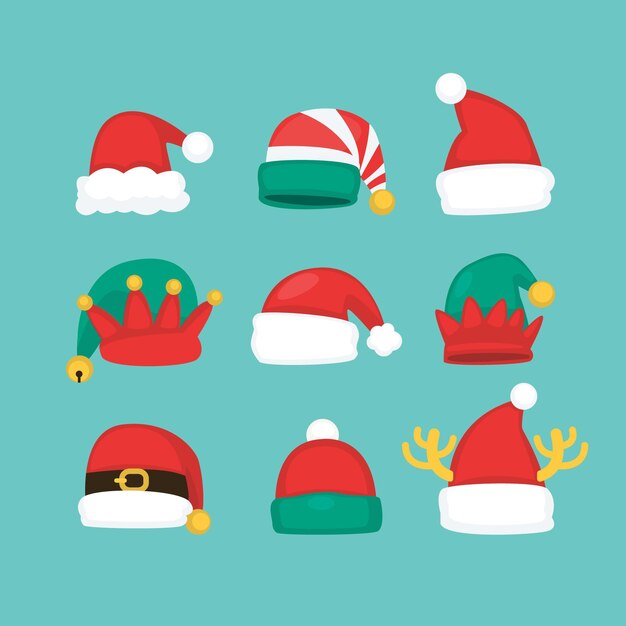 Colección de gorros de santa claus en diseño plano