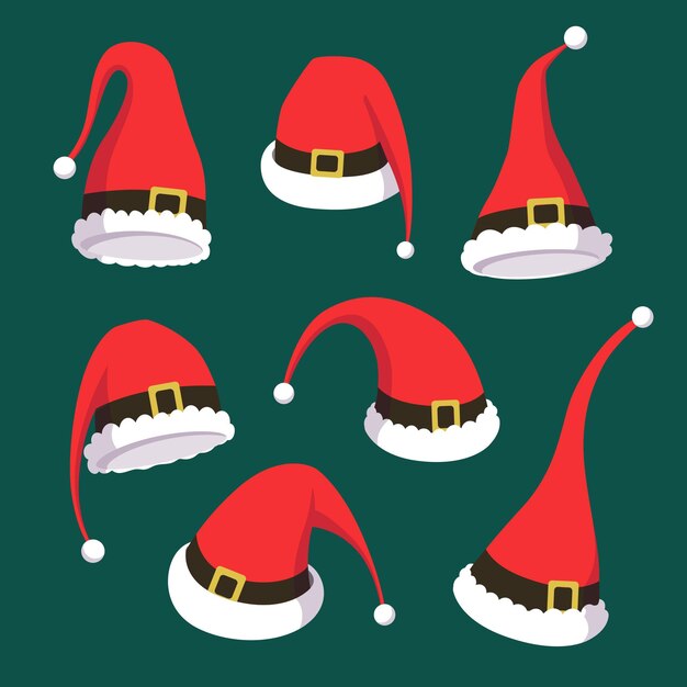 Colección de gorros de santa claus en diseño plano
