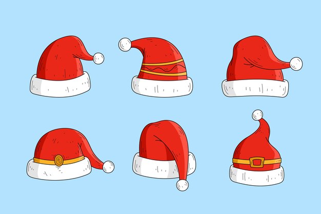 Colección de gorros de santa dibujados a mano
