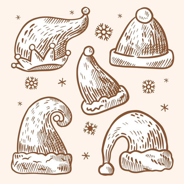Colección de gorros de santa dibujados a mano