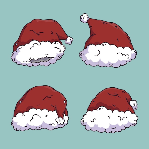 Colección de gorros de santa dibujados a mano