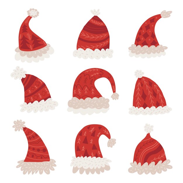 Colección de gorros de santa dibujados a mano